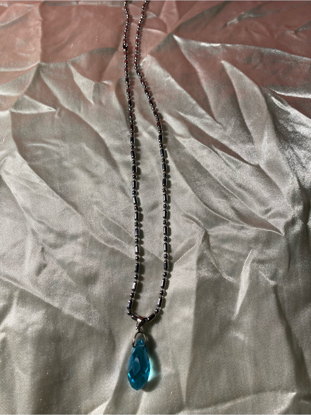 Silver Beaded Necklace with Blue Teardrop Pendant